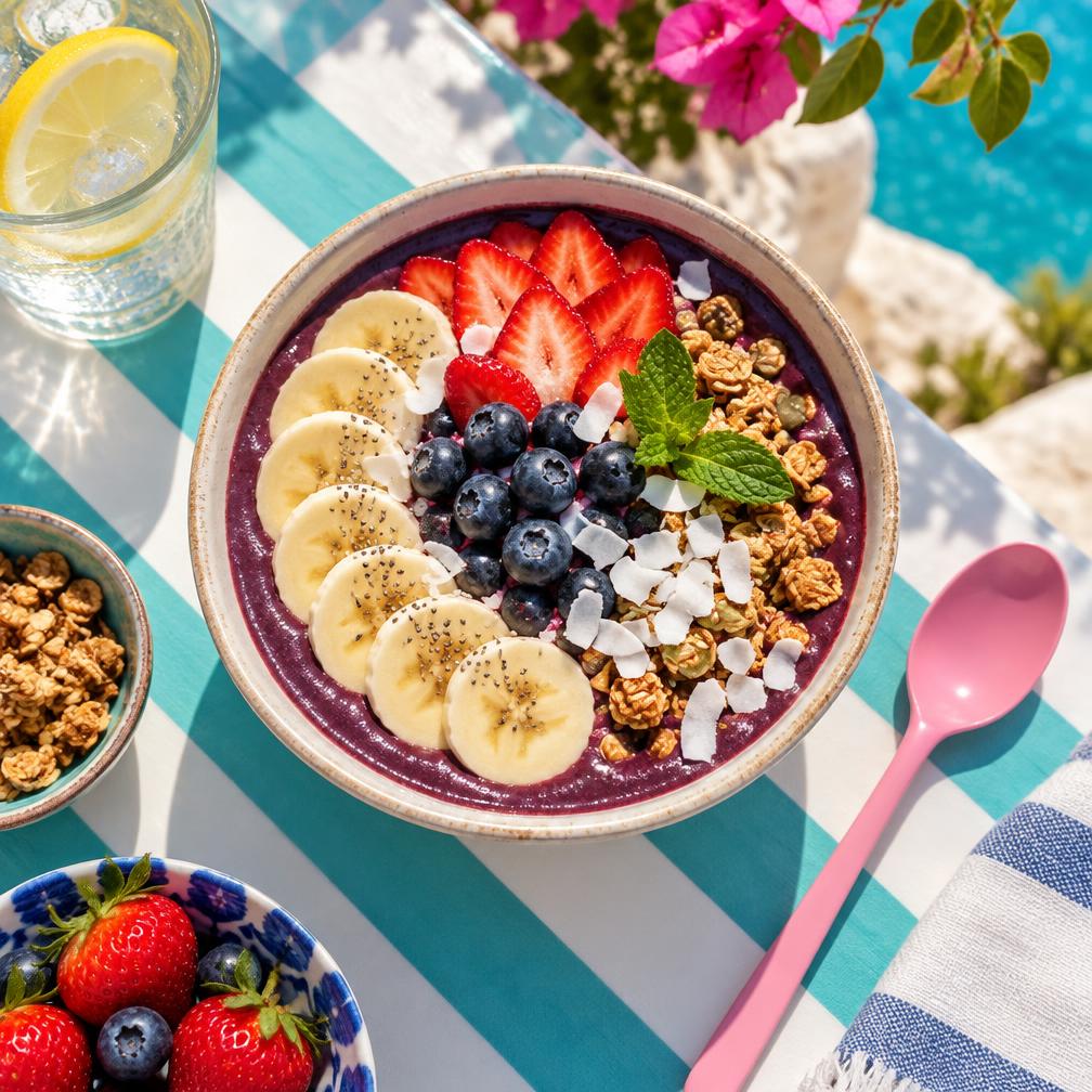 Acai bowl z bananem, truskawkami i granolą