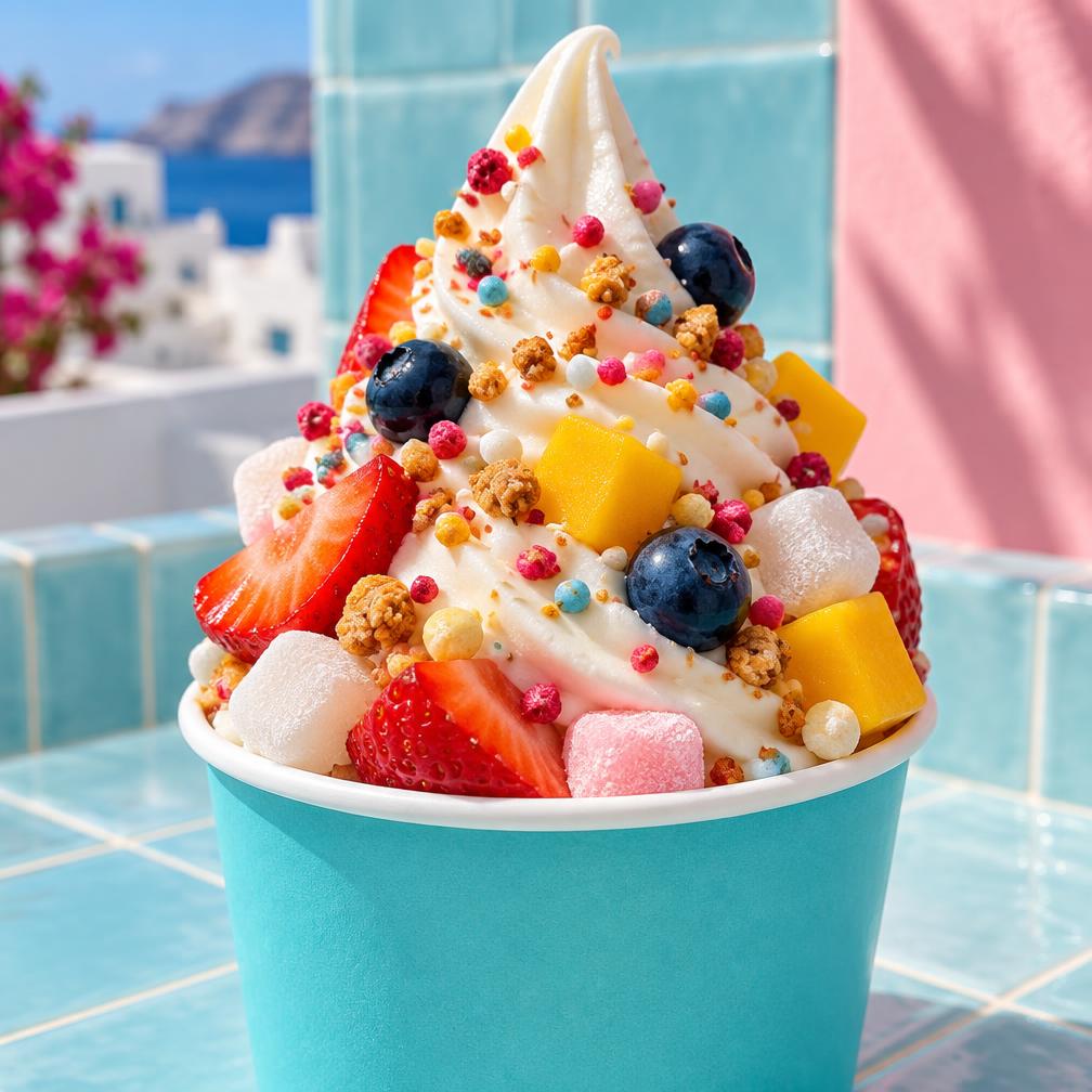 Frozen yogurt z owocami i kolorowymi dodatkami
